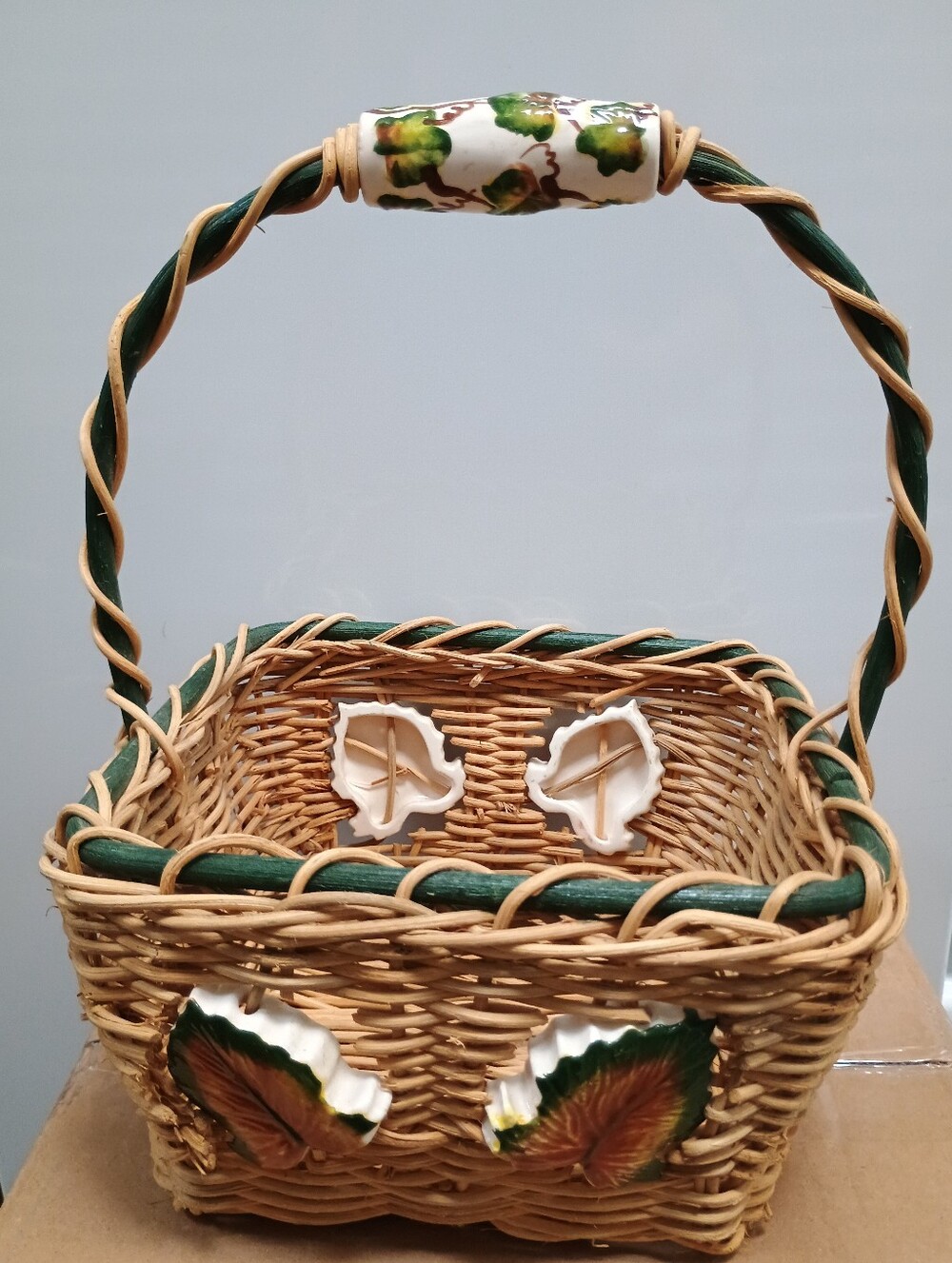 VINTAGE Woven Basket Green Trim Leaf Ceramic Accents Mid-to-20th-Century Novelty